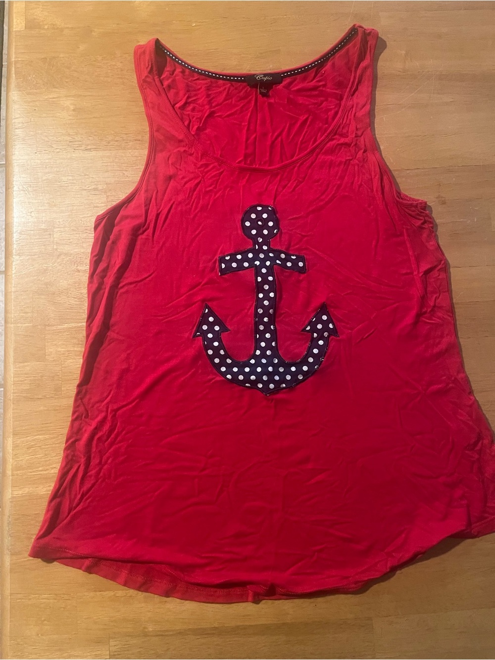 Cupio Red Tank Top with Navy Polka Dot Anchor Appliqué